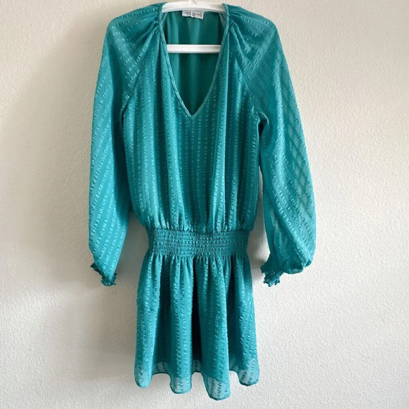 Ramy Brook Textured Mini Smocked Drop Waist Long Sleeve V-neck Dress Teal Size M - Picture 1 of 11